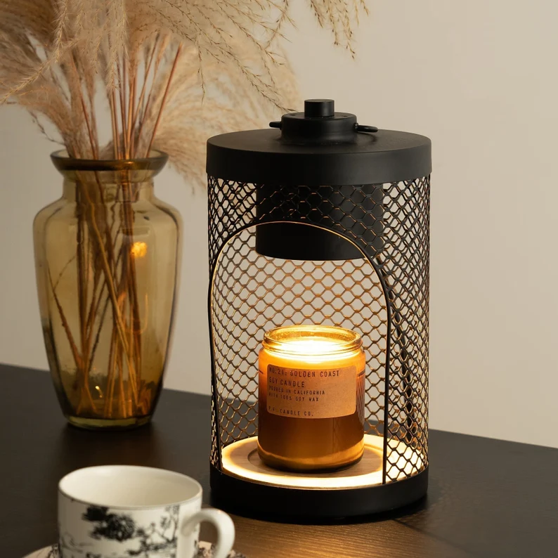 Black Lace & Wooden Base Candle Lamp