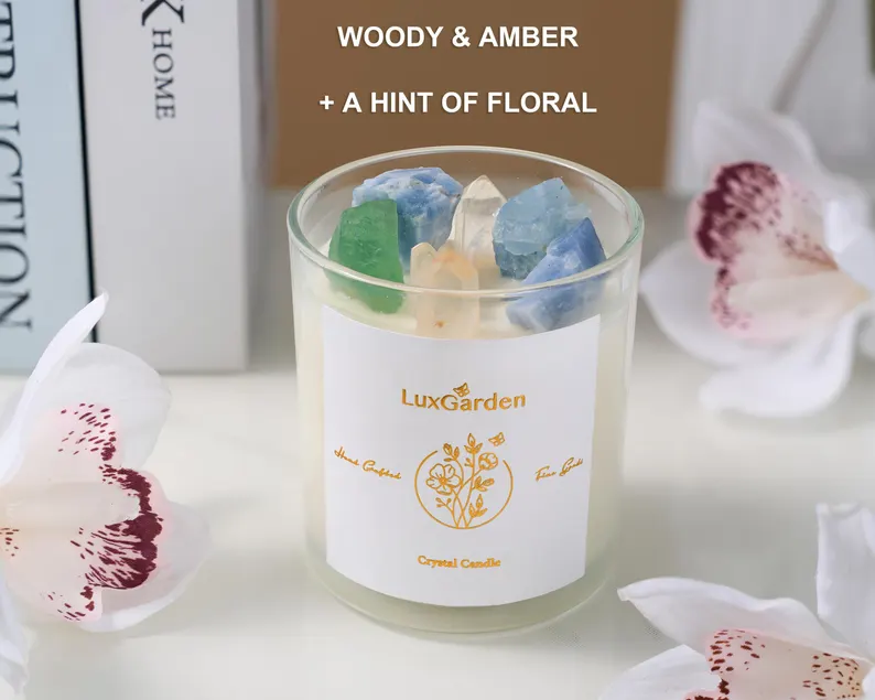 Scented Crystal Healing Stone Candle - Woody & Amber Scent